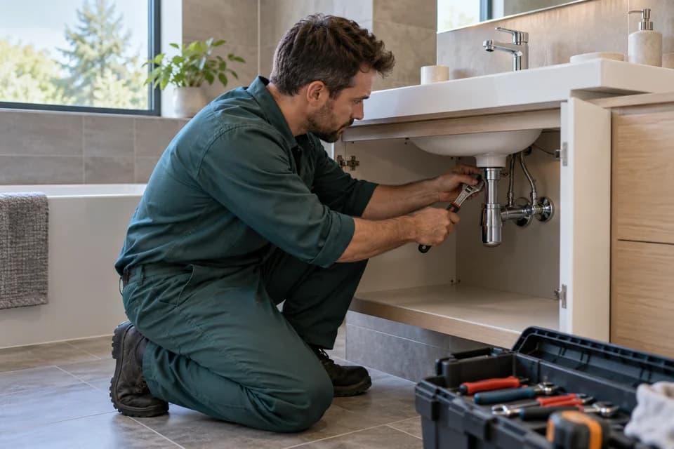 Plombier intervenant sur un raccord sous un lavabo